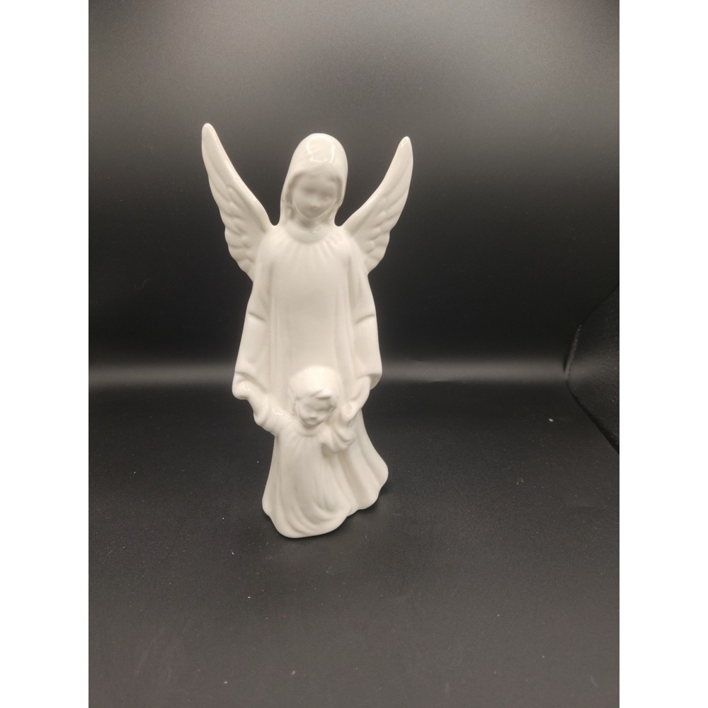 Vintage Ceramic Schmidt Guardian Angel & Child 8" Glaze White‎ Figurine Statue